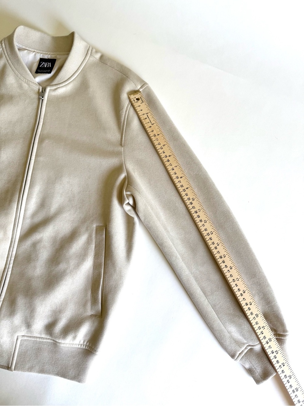 ZARA Man Faux Suede Bomber Jacket S Beige Stone Tan Minimalist Aesthetic Coat - Picture 9 of 16